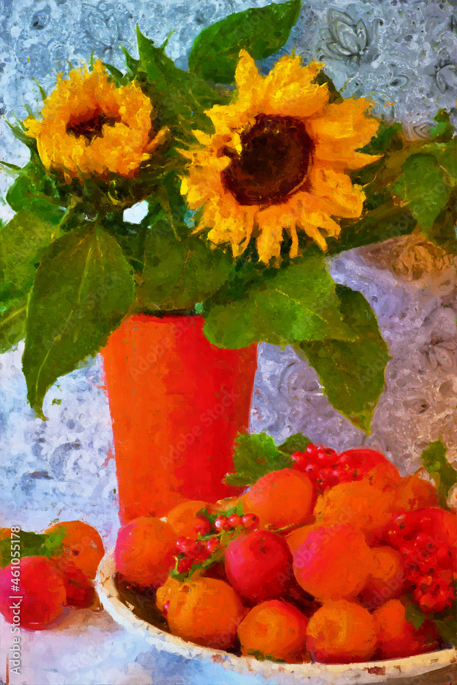 Sunflower bouquet painting in oil. Bowl with red fruits aside. Sunflower bouquet painting in oil. Bowl with red fruits aside.
