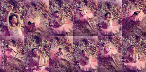 Queen of flowers. Top view of beautiful young woman in lilac color ballet tutu surrounded by flowers. Spring mood and tenderness in coral light.