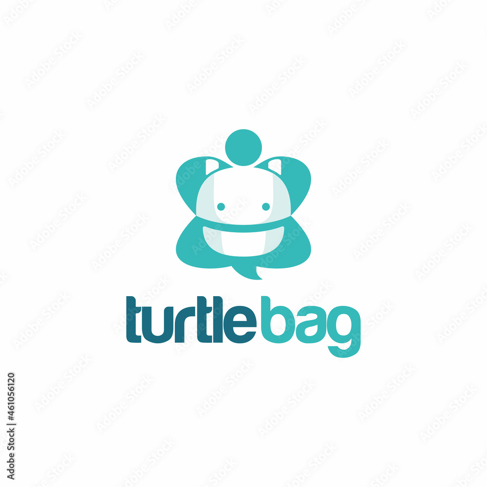 Cute turtle logo with bag on the back. Backpack for learning school tools, enthusiasm for learning Cute turtle logo with bag on the back. Backpack for learning school tools, enthusiasm for learning