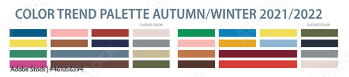 Color trend palette 2021, 2022 autumn and winter. Color swatch trend autumn and winter 2022 year. Set of year trend color for fashion, home, interiors design, vector illustration.