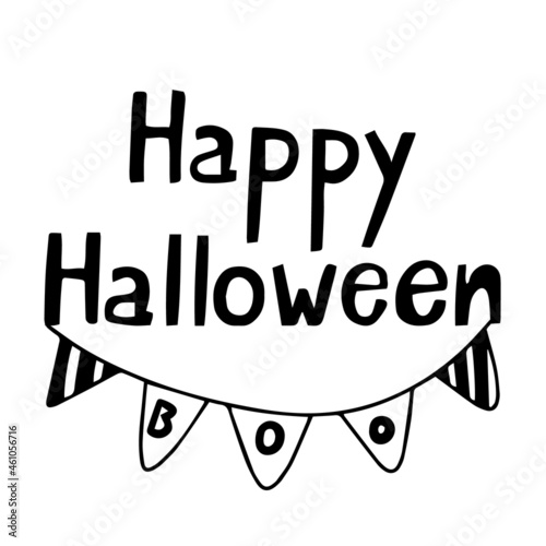 Happy Halloween greeting card with boo garland. Vector hand drawn illustration and lettering, black color. 