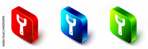 Isometric Vegetable peeler icon isolated on white background. Knife for cleaning of vegetables. Kitchen item, appliance. Red, blue and green square button. Vector