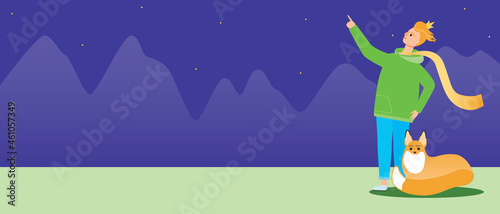 Little prince with fox, copy space template, flat vector stock illustration for overlay, hero of the book Little prince at night