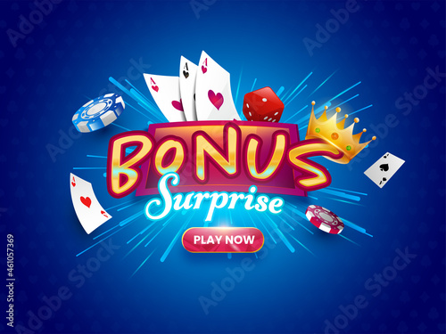 Bonus Surprise Font With Realistic Golden Crown, Dice, Poker Chips, Playing Cards On Blue Rays Background.