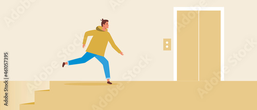 Man Running to the Elevator, Flat Vector Stock Illustration with Moving Stairs or Waiting for the Elevator