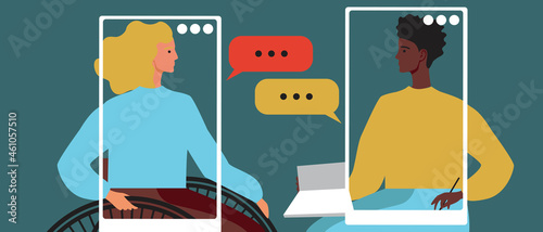 Online psychotherapy, disabled woman, flat vector stock illustration with online psychologist consultation, inclusive psychotherapy