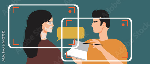 Online psychotherapy, woman with vitiligo, flat vector stock illustration with online psychologist consultation, appearance acceptance