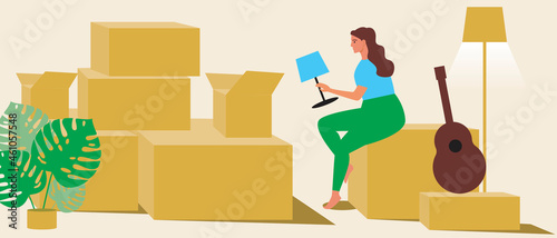 Packaging goods, copy space template, Flat vector stock illustration with woman moving house and unpacking goods