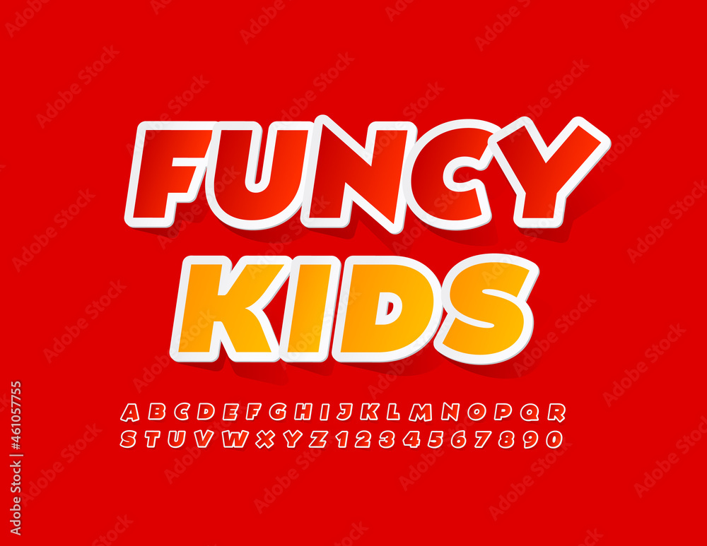 Vector creative Emblem Funcy Kids. Trendy Red Font. Bright Alphabet Letters and Numbers.