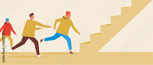 People running up the stairs, Flat vector stock illustration with moving up the stairs as an evacuation concept
