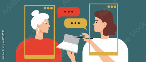Psychotherapy online, old woman with a psychologist, Flat vector stock illustration with Online psychologist consultation, Psychologist and elderly patient