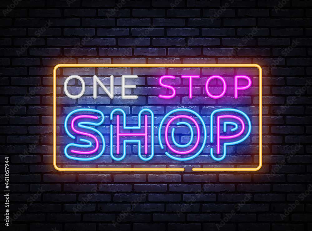 One Stop Shop neon sign vector. Shoping Design template, light banner, night signboard, nightly bright advertising, light inscription. Vector illustration One Stop Shop neon sign vector. Shoping Design template, light banner, night signboard, nightly bright advertising, light inscription. Vector illustration