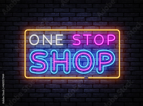 One Stop Shop neon sign vector. Shoping Design template, light banner, night signboard, nightly bright advertising, light inscription. Vector illustration