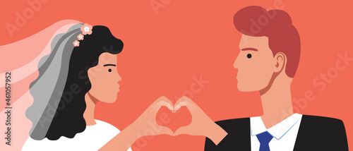 Wedding day couples, Flat vector stock illustration with newlyweds holding hands with heart and wife with veil
