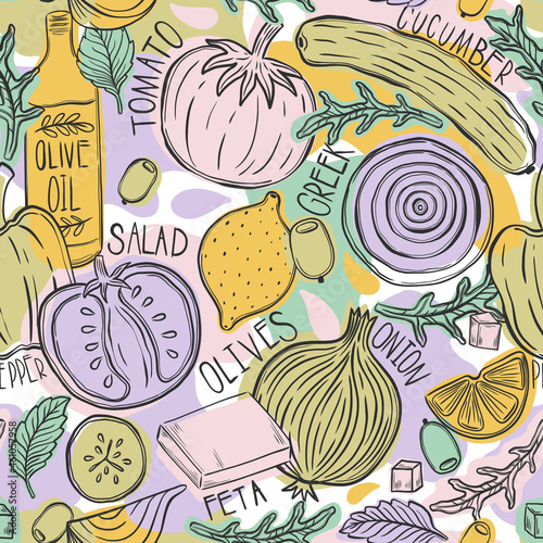 Seamless pattern greek salad recipe.Vintage hand drawn style.