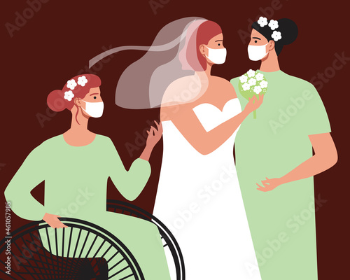 LGBTQ couple wedding, face mask in lockdown, flat vector stock illustration with lesbian wedding ceremony and inclusive guest disabled