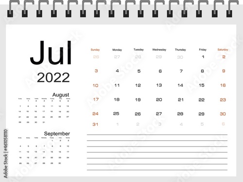 2022 Calendar Planner Design. Monthly scheduler. Week starts on Sunday. JULY 2022. Vector illustrator.