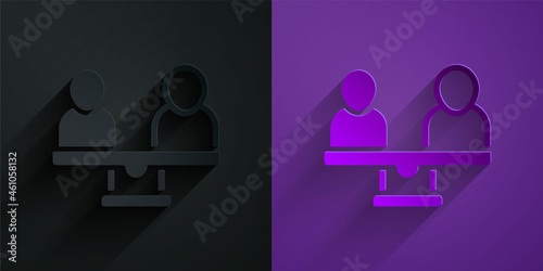 Paper cut Gender equality icon isolated on black on purple background. Equal pay and opportunity business concept. Paper art style. Vector