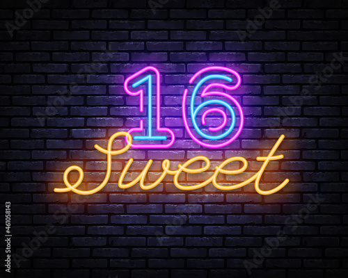Sweet 16 neon sign vector design template. Happy Birthday neon banner, design element colorful modern design trend, night bright advertising, bright sign. Vector illustration