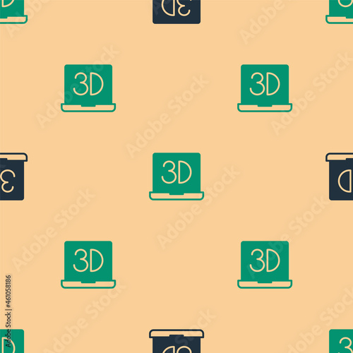 Green and black 3D printer icon isolated seamless pattern on beige background. 3d printing. Vector