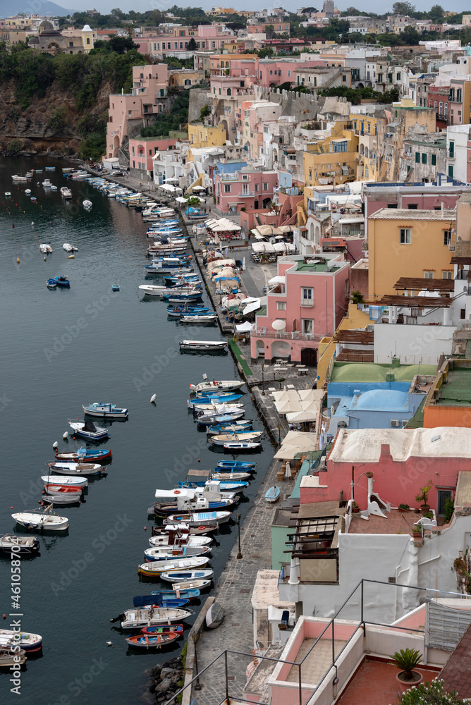 boats moored in the port of procida