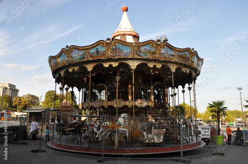 Carousel on the streets of Paris. Carousel with horses. September 19, 2018, Paris, France.