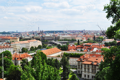 Panoramic view of Prague. View from a hill to residential buildings. Summer day.