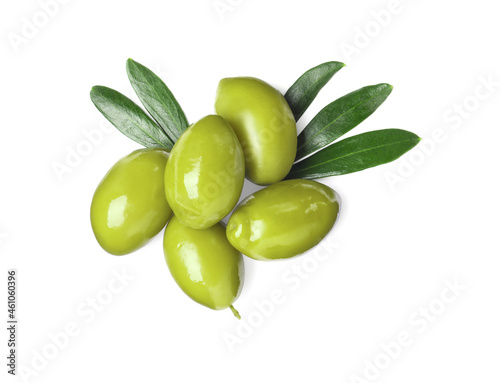Wallpaper Mural Delicious fresh green olives with leaves on white background, top view Torontodigital.ca