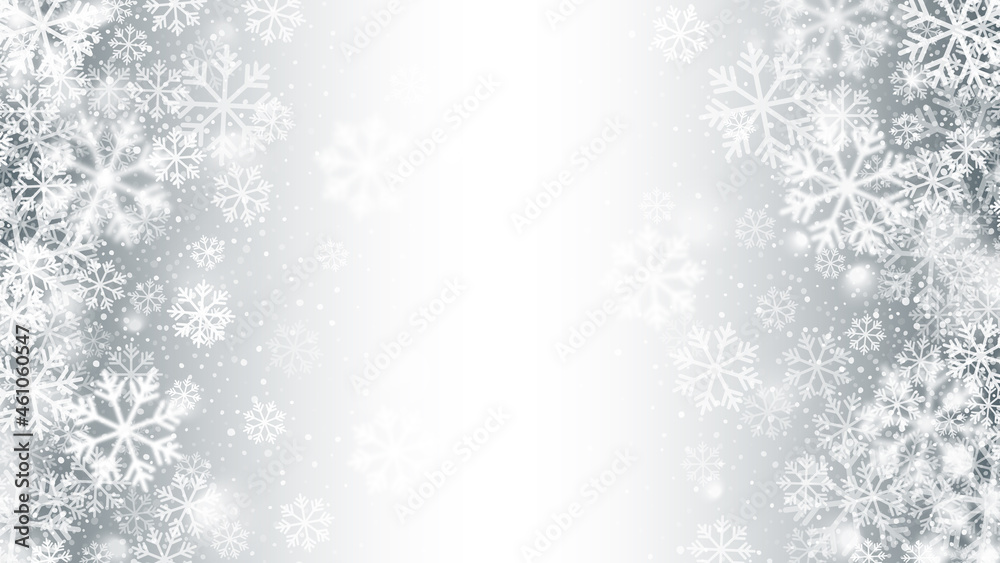 Merry Christmas And Happy New Year Snowflakes Blurred Motion Effect On Light Silver Background