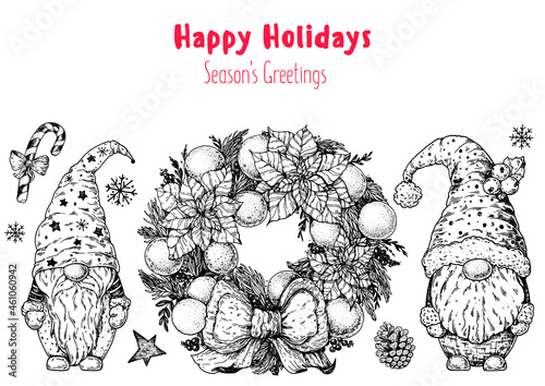 Christmas illustration with nisse gnome and Christmas wreath. Hand drawn vector illustration. Happy holidays. Ink drawing, sketch style. Design elements.