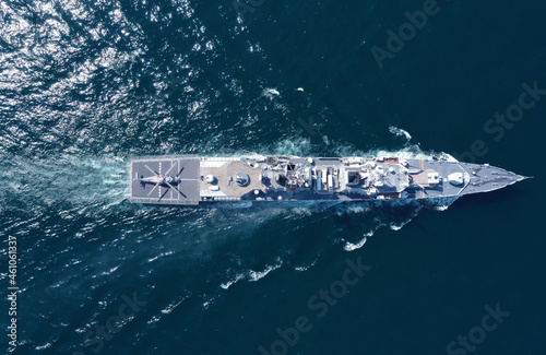 Obraz na plátně Aerial view of naval ship, battle ship, warship, Military ship resilient and armed with weapon systems, though armament on troop transports
