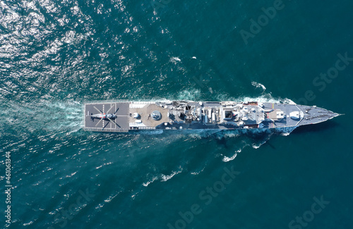 фотографія Aerial view of naval ship, battle ship, warship, Military ship resilient and armed with weapon systems, though armament on troop transports