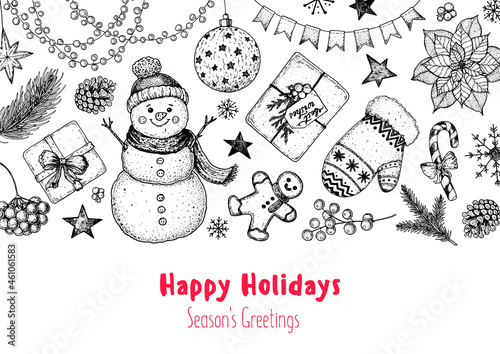 Christmas greeting card. Illustration for a festive Christmas mood. Hand drawn sketch. Vintage design elements. Vector illustration. Invitation design template. Sketch collection.
