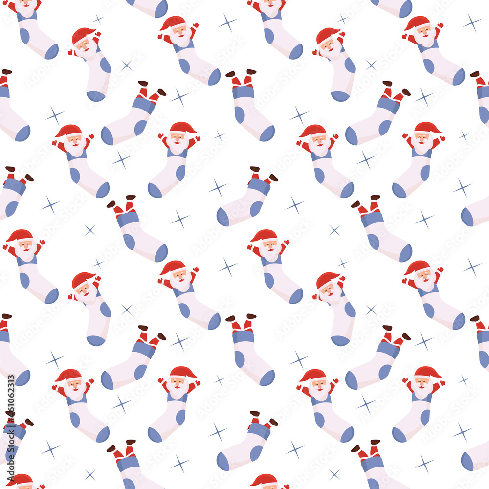 Cartoon Santa Claus Inside Socks Seamless Pattern Background