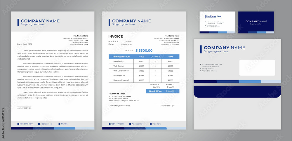 set of letter head, invoice, business card and envelope set of letter head, invoice, business card and envelope