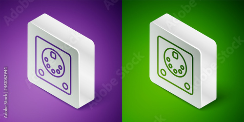 Isometric line Drum machine icon isolated on purple and green background. Musical equipment. Silver square button. Vector