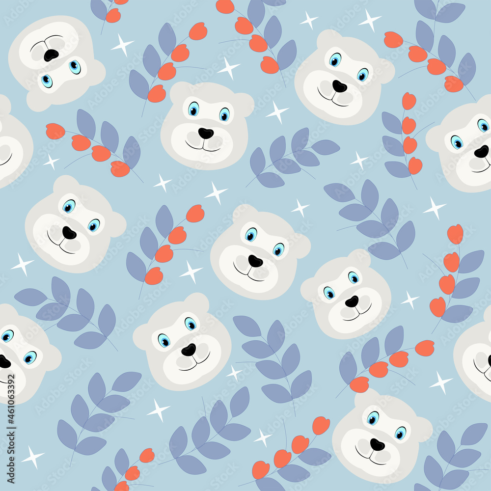 Repetition Polar Bear Face And Leaves On Blue Background.