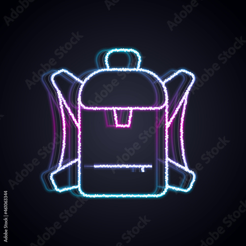 Glowing neon line Hiking backpack icon isolated on black background. Camping and mountain exploring backpack. Vector