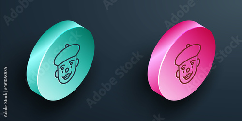 Isometric line French mime icon isolated on black background. Turquoise and pink circle button. Vector