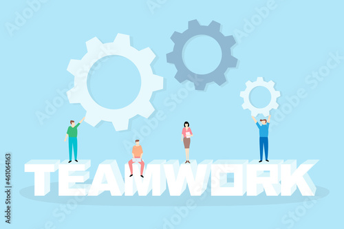 Teamwork concept vector with 3D text teamwork and people work together