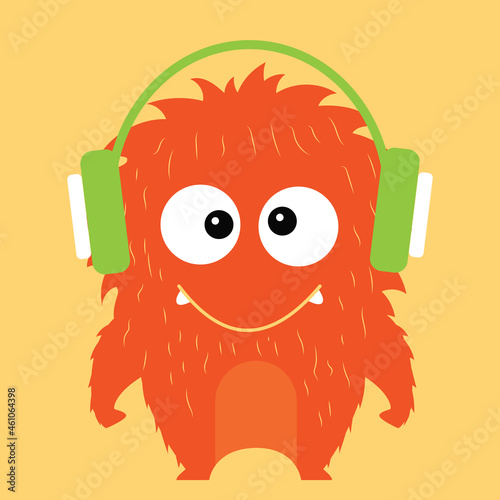 Cute little monster wearing headphone to listening music cartoon vector illustration.