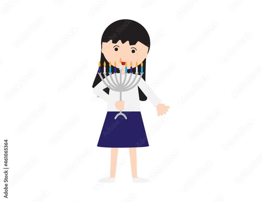 Jewish girl holding Hanukkah menorah on White background Jewish girl holding Hanukkah menorah on White background