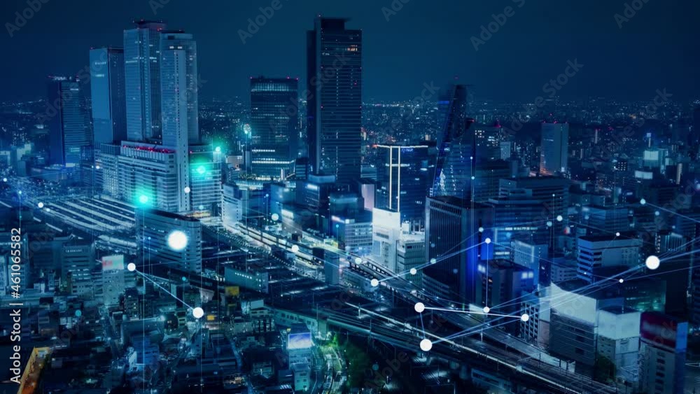 Modern city aerial view and communication network concept. Smart city. 5G. IoT. Modern city aerial view and communication network concept. Smart city. 5G. IoT.