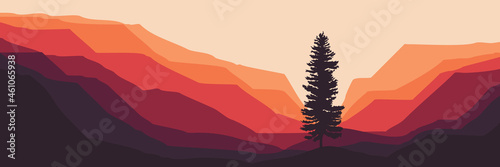 mountain landscape with pine tree silhouette vector flat design good for wallpaper, background, web banner, backdrop, tourism design, and design template