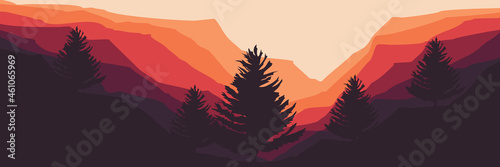 mountain landscape with pine tree silhouette vector flat design good for wallpaper, background, web banner, backdrop, tourism design, and design template