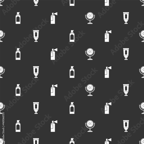 Set Round makeup mirror, Cream lotion cosmetic tube, Spray can for hairspray and Perfume on seamless pattern. Vector