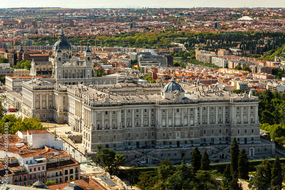 Madrid, Spain- October 5, 2021: Aerial view of the Royal Palace of Madrid. Urban landscape. Spanish Royal House
