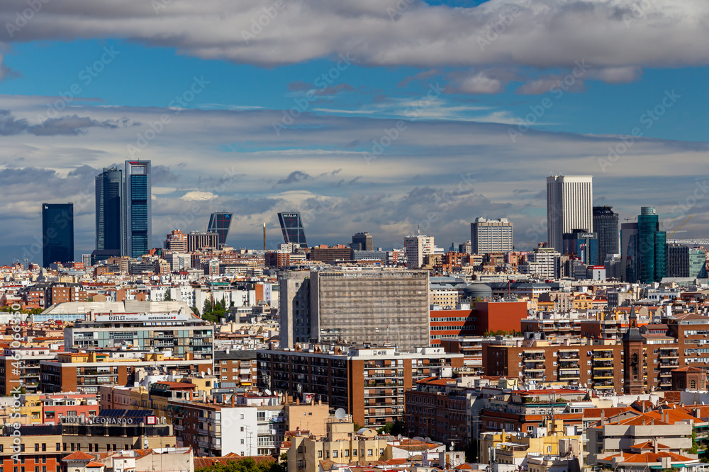 Madrid, Spain- October 5, 2021: Panoramic view of the Cuatro Torres and the Kio towers of Madrid. Skile from Madrid. Financial zone