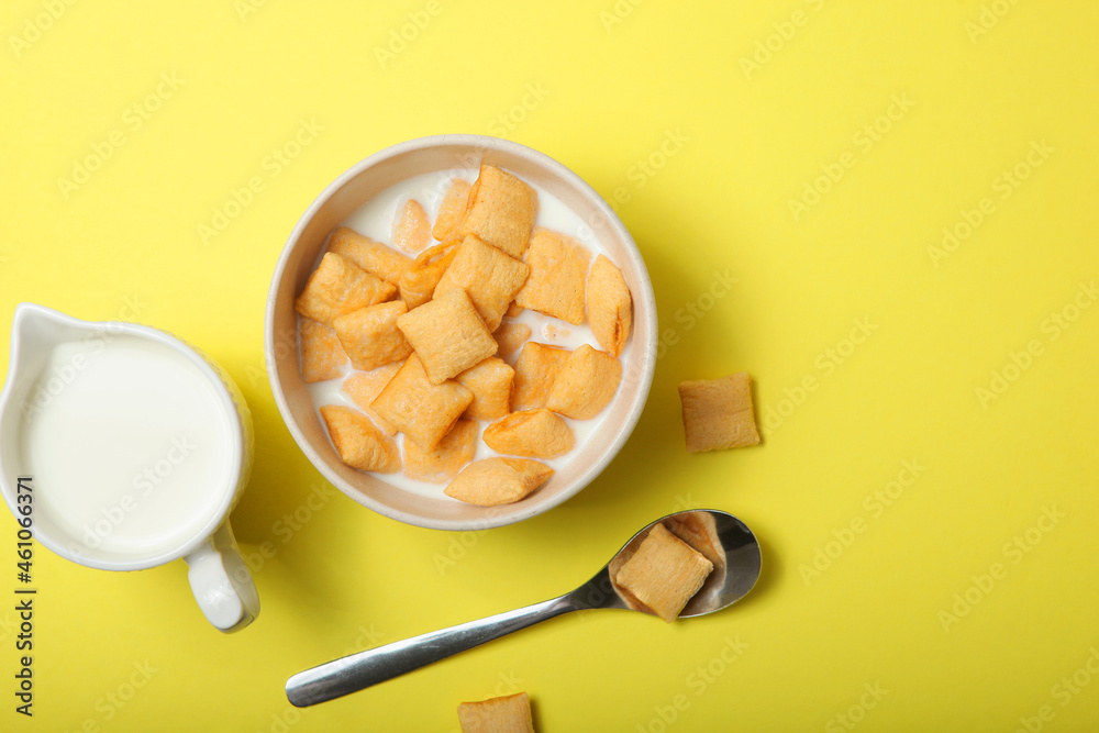 Corn pads with milk for breakfast on the table close-up Corn pads with milk for breakfast on the table close-up