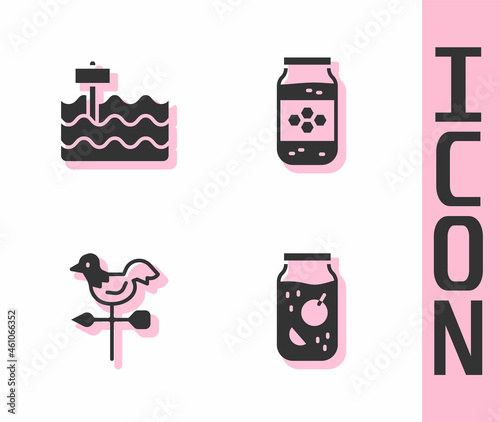 Set Jam jar, Garden bed, Rooster weather vane and Jar of honey icon. Vector